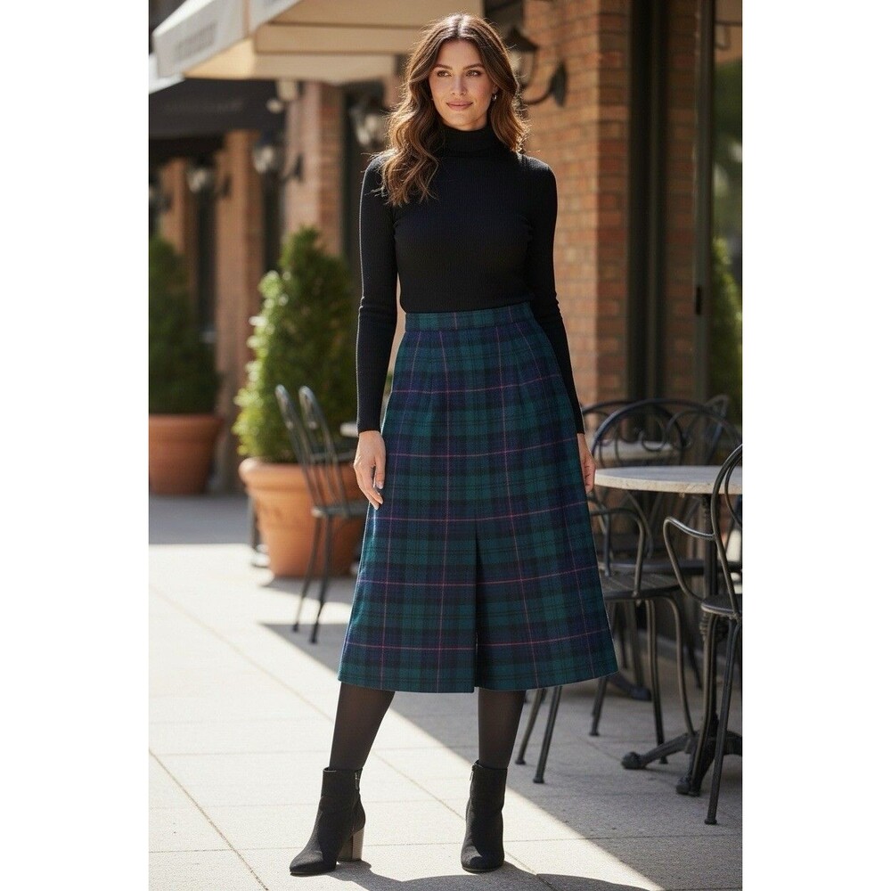 Vintage 60s Womens Wool Blend Knee  Skirt Plaid Multicolor Size XS Read